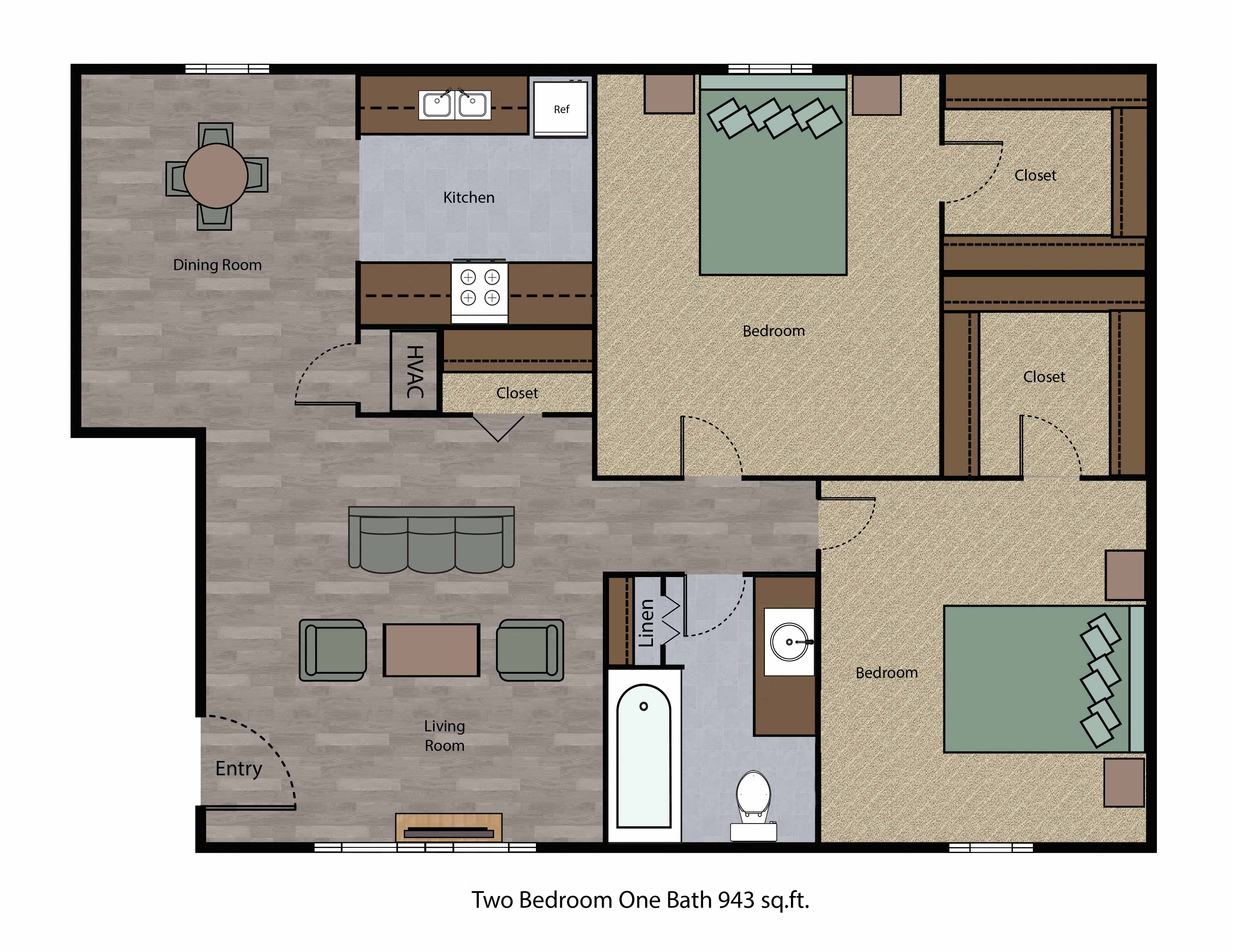 Floor plan for 2 beds, 1 bath, 943 sqft